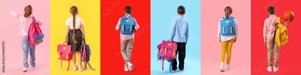 Set of little school children with backpacks on color background, top view