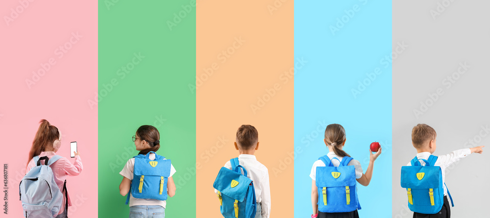 Collage of little school children with backpacks on color background, top view