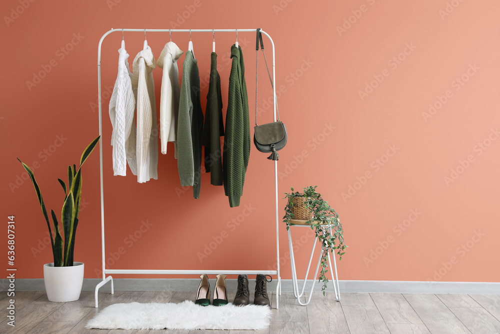 Rack with sweaters, bag, shoes and houseplants near color wall