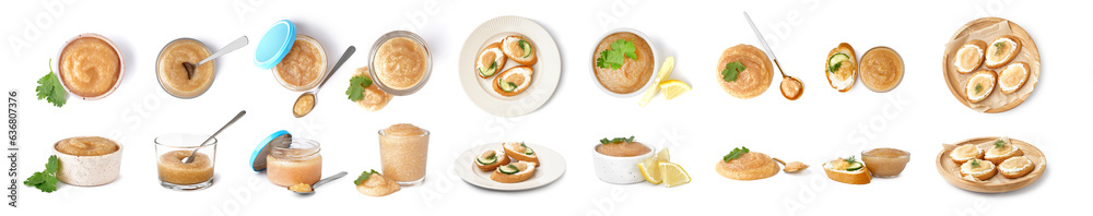 Collage of capelin caviar on white background