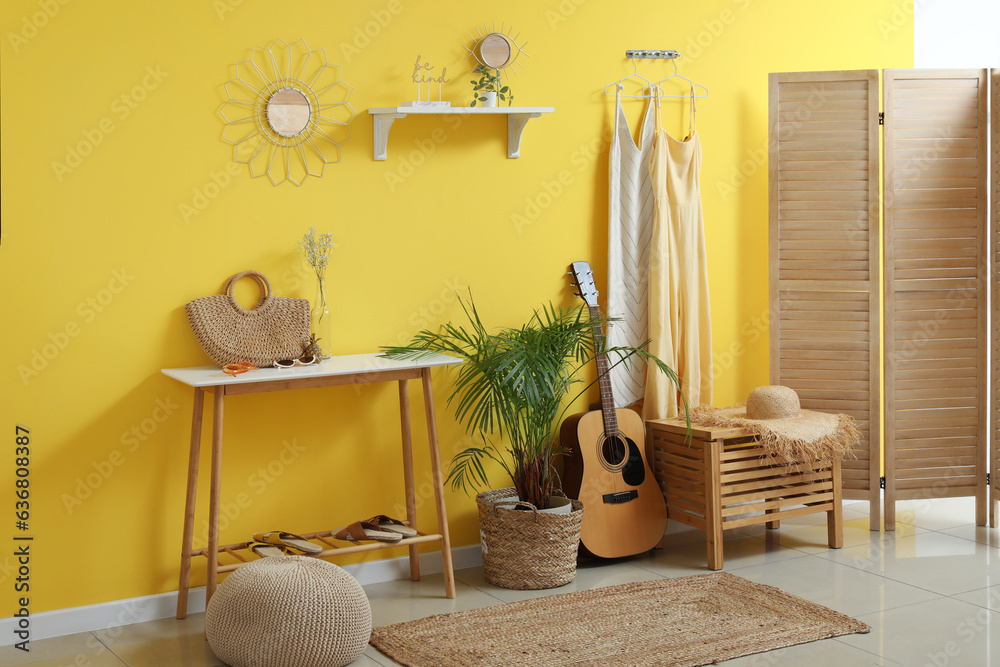 Interior of stylish hallway with mirror, hook rack, guitar and houseplant