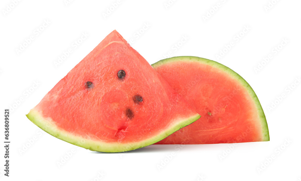 Pieces of fresh ripe watermelon on white background