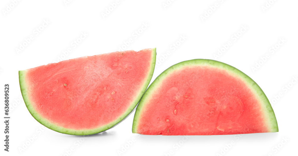 Pieces of fresh ripe watermelon on white background