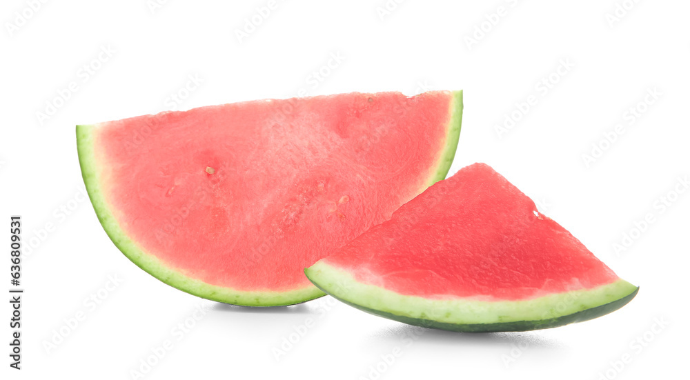 Pieces of fresh ripe watermelon on white background