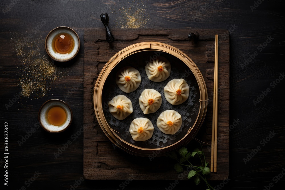 Steamed dumpling in bamboo steamer on rustic wooden table top.