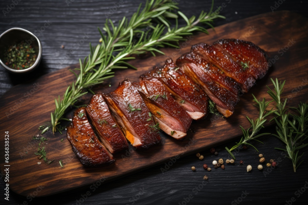 Roast duck meat on wooden table top.