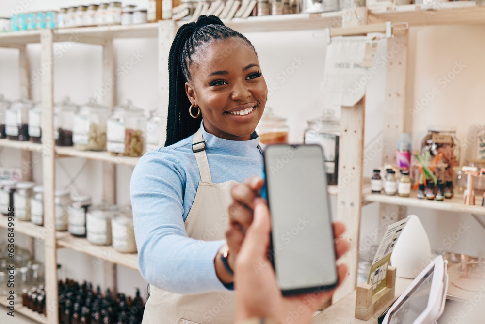 Customer, black woman and payment with smartphone screen, finance and machine for transaction in a s