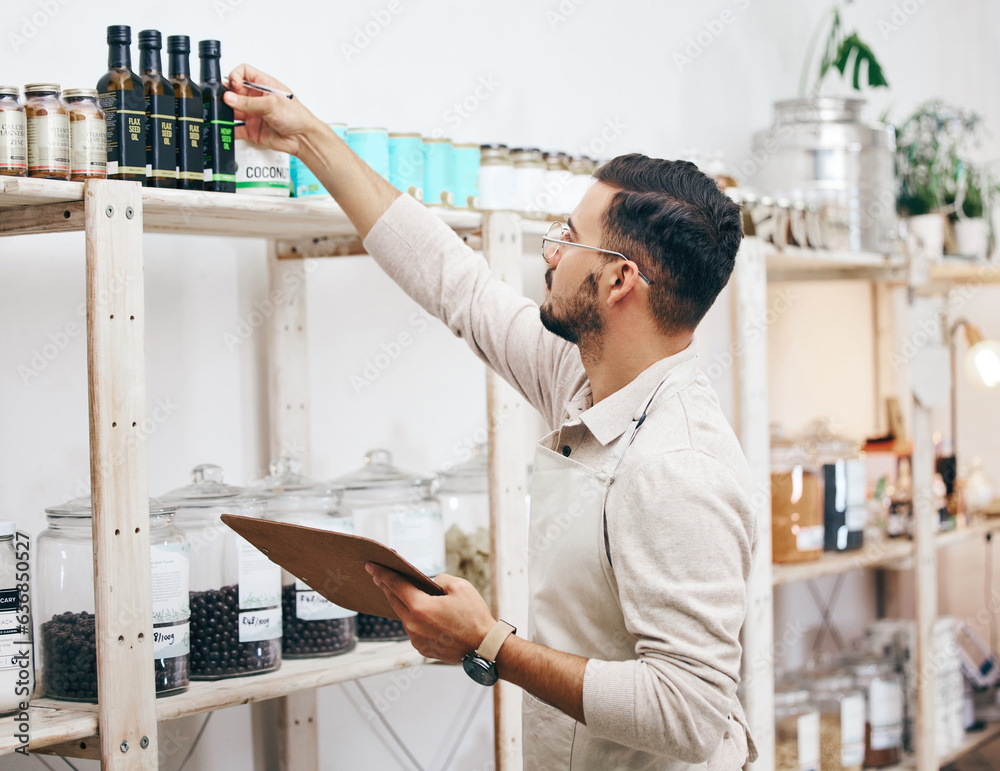 Grocery store, eco friendly and man with clipboard for stock list, healthy food and sales report. Ch