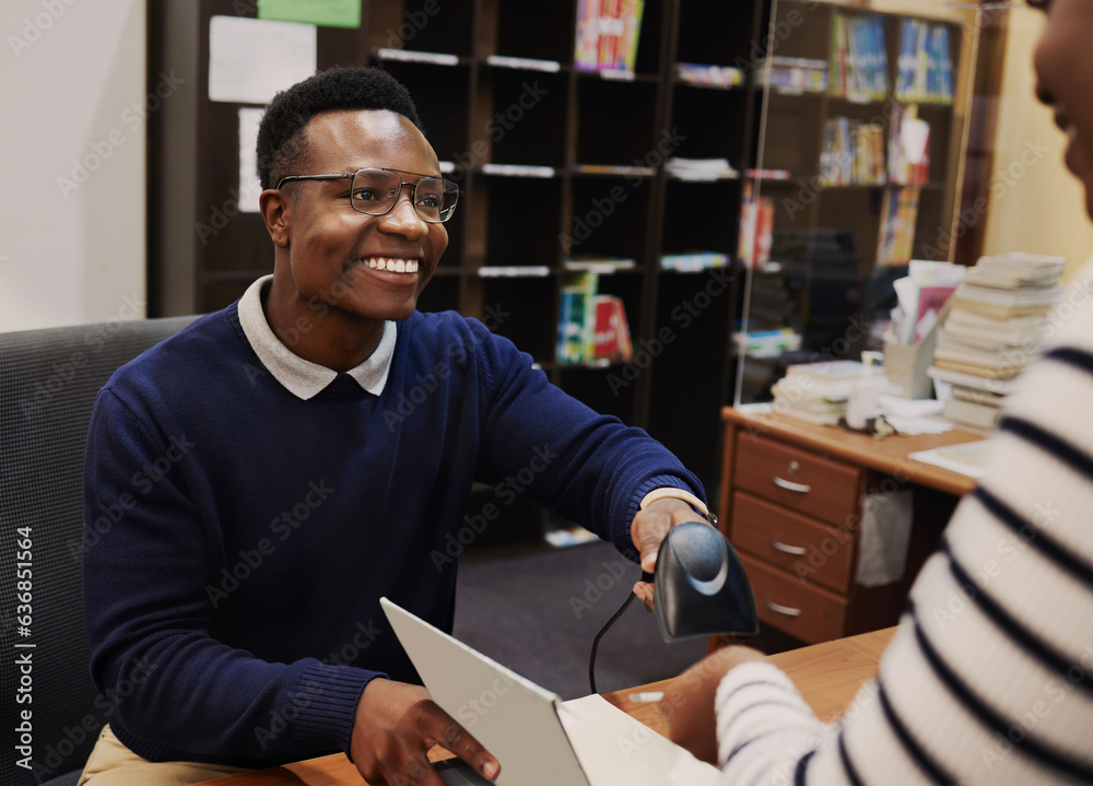 Happy librarian man, scan books and help desk for learning, knowledge and administration with techno