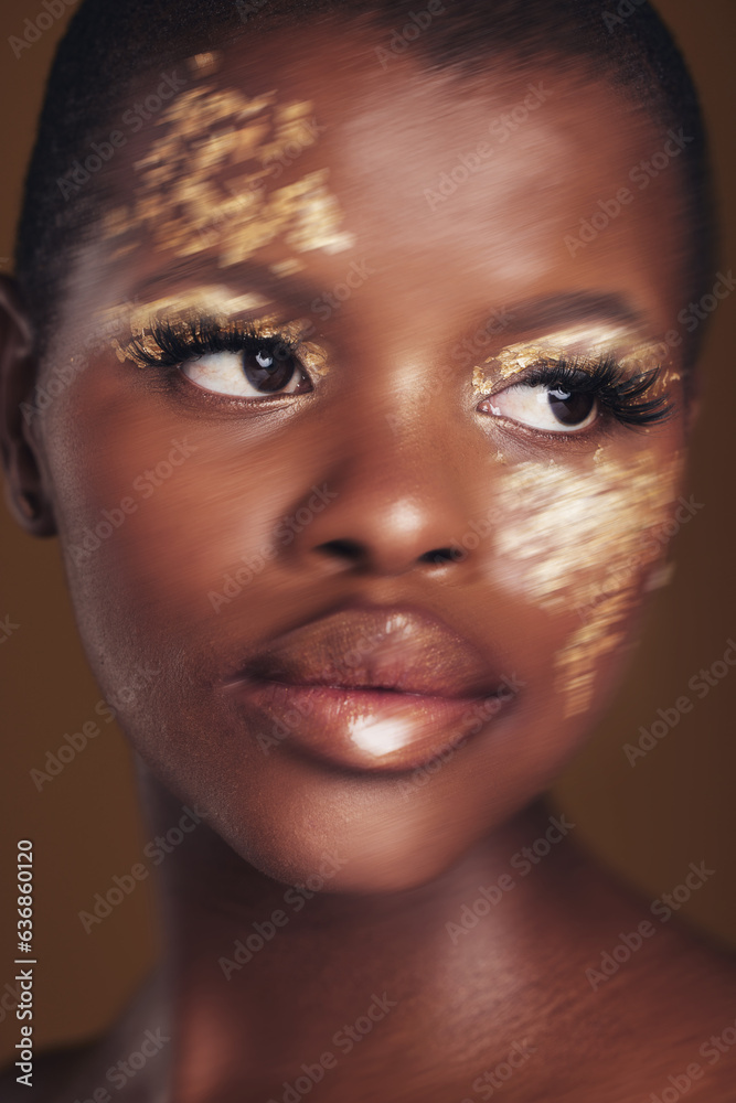 Gold, art and African woman with makeup for beauty aesthetics isolated in a studio brown background 