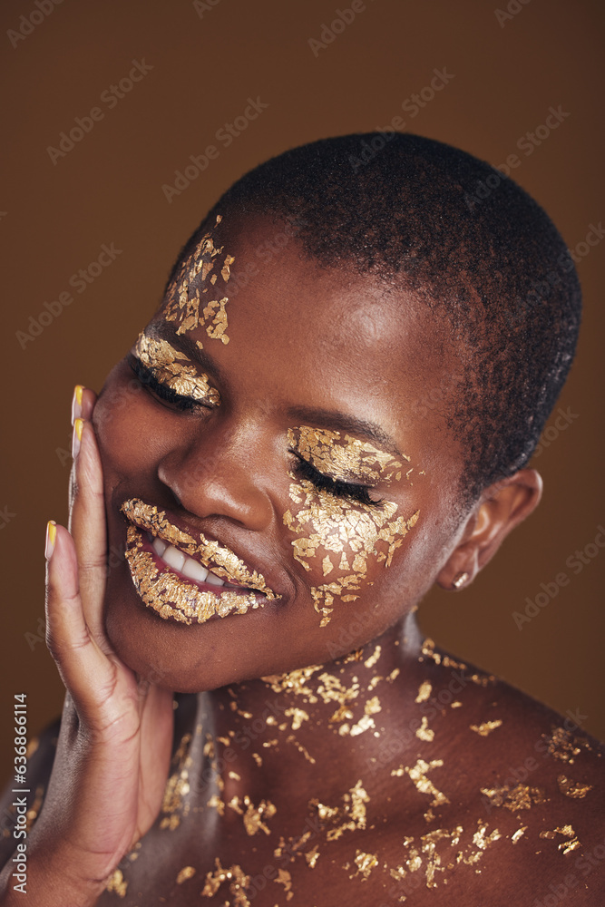 Black woman, face and gold makeup with luxury glow and skincare mask with glitter. Sparkle, smile an