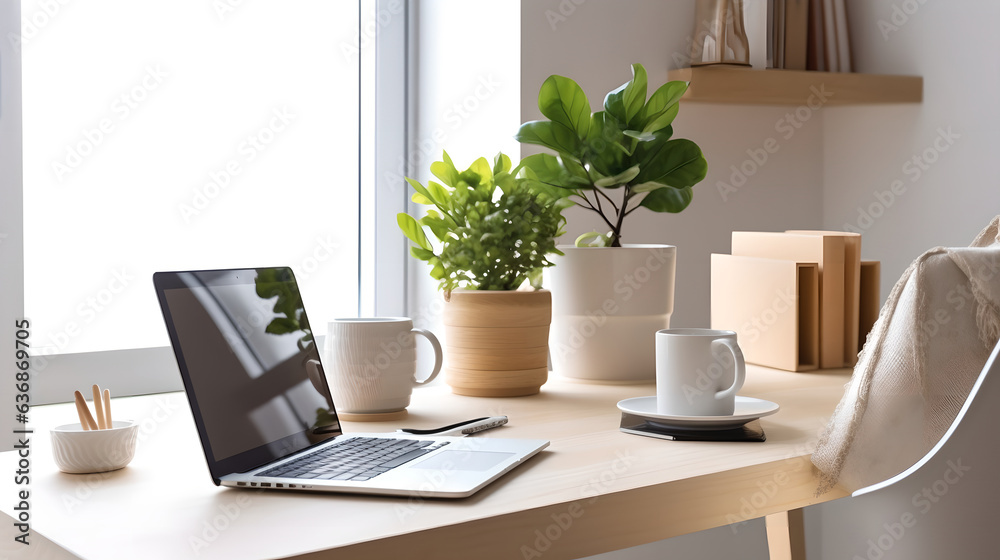 Modern freelancer workplace with laptop and cup of coffee on a wooden table and green plants on the 