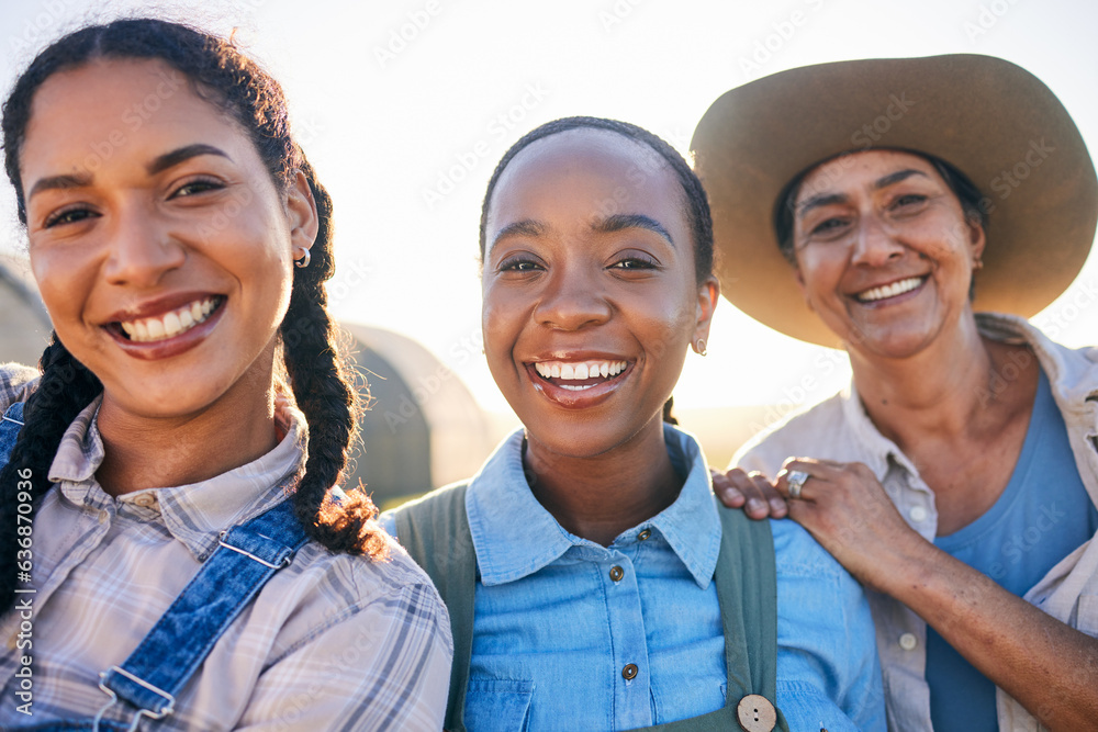 Women, agriculture and group portrait with smile, countryside and friends with smile, harvest and fa