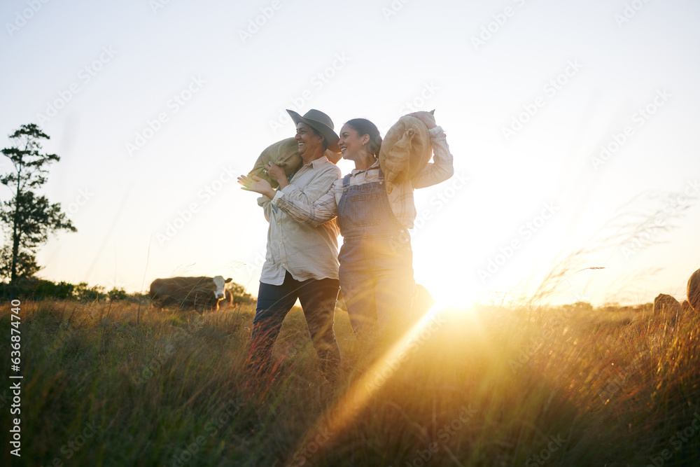 Farm harvest, women walking and countryside with a smile from working on a grass field with grain ba