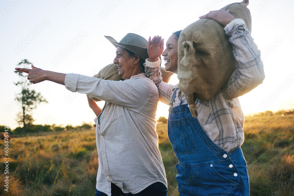 Farm harvest, women point and countryside with a smile from working on a grass field with grain bag.