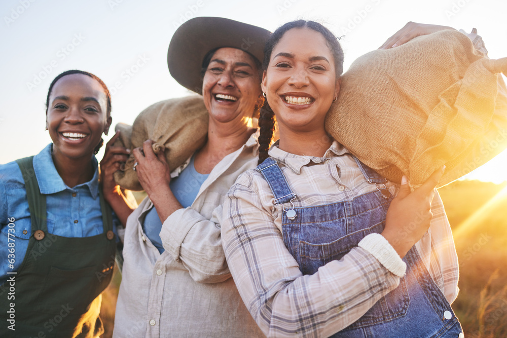 Smile, farming and portrait of women with harvest bags, food and happy with sustainability. Laughing