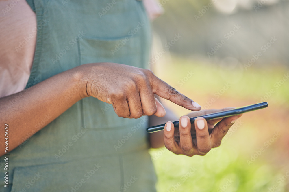 Farmer, person hands and phone for agriculture communication, social media and sustainability networ