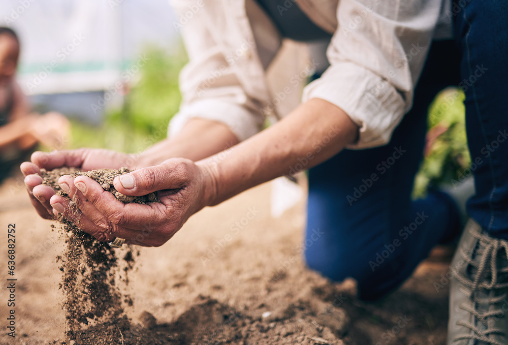 Farming, hands and outdoor with soil, dust and dirt for growth, inspection and drought at agro job. 