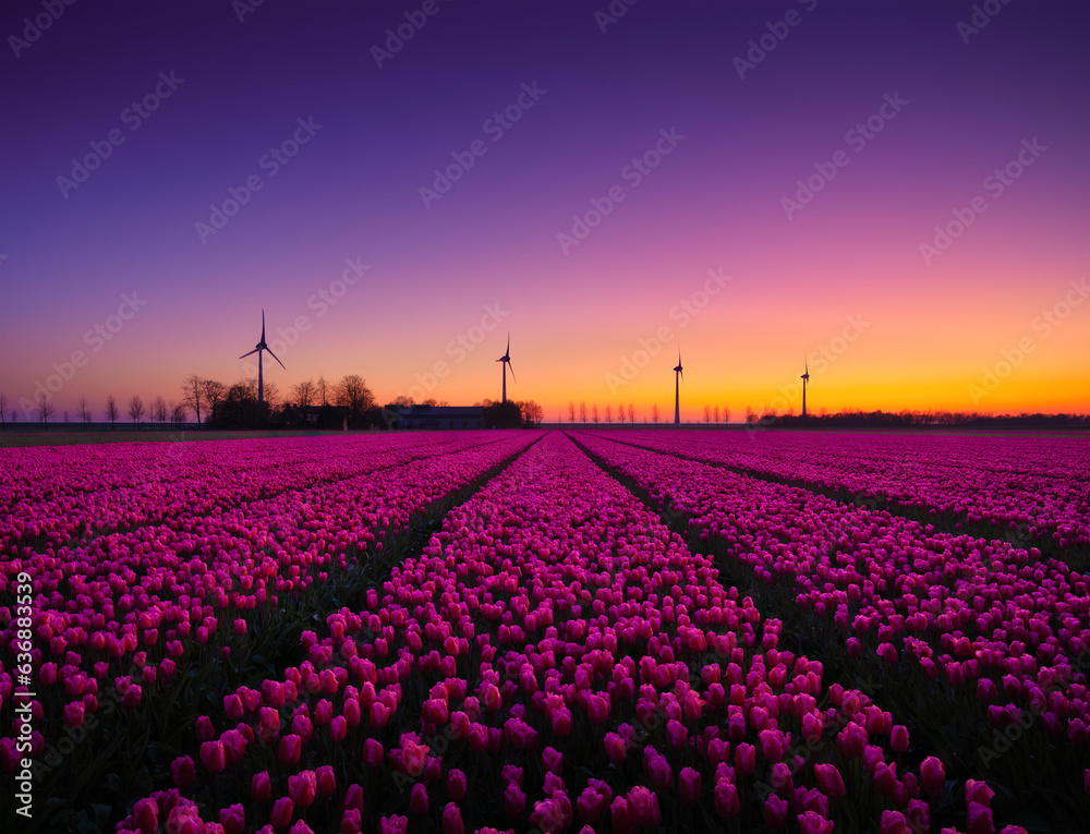 A field of tulips during sunset. A wind generator in a field in the Netherlands. Green energy produc