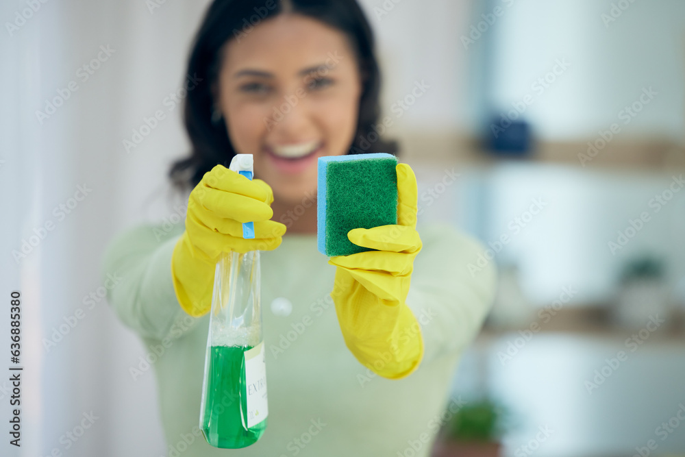 Cleaning, spray and hands of woman with sponge for disinfection, hygiene and housekeeping. Housework