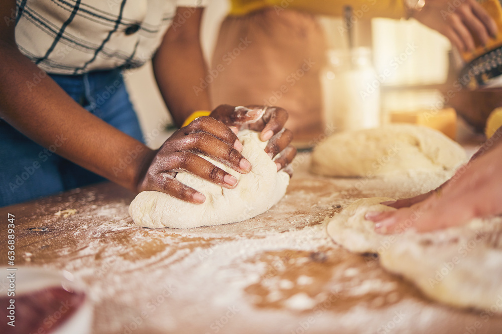 Bakery, hands and baking by people or chef on a kitchen table cooking bread, pizza or pastry with do