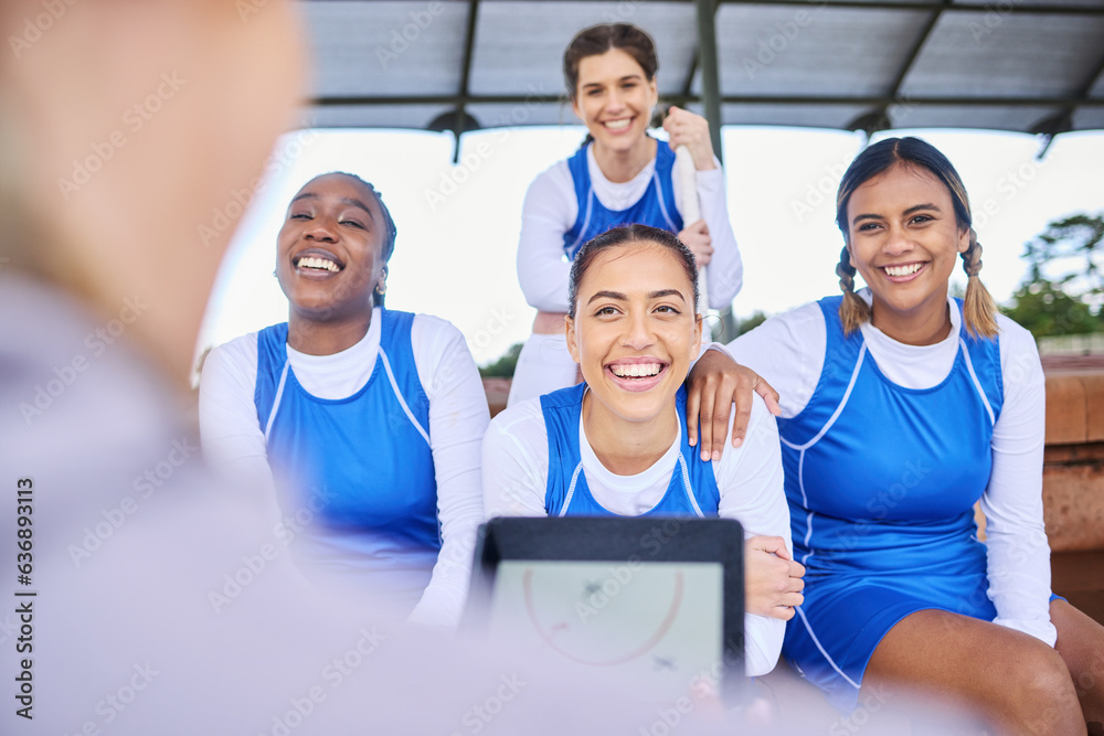 Tablet strategy, netball team and exercise women with coach for fitness, challenge and match play. H