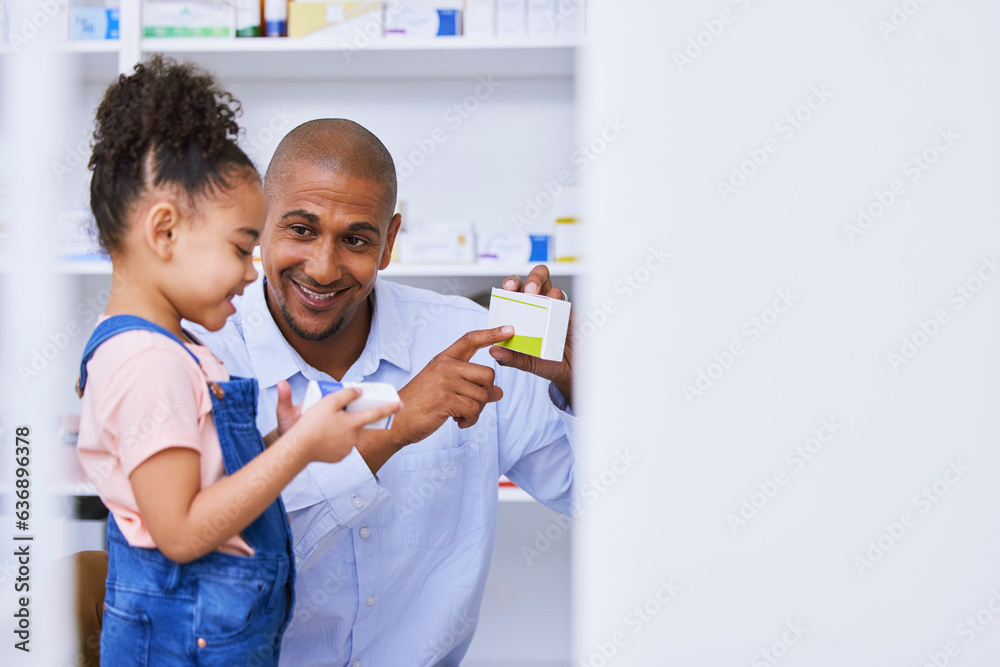 Pharmacy, child and family with medication, learning and healthcare study for education. Pharmacist,