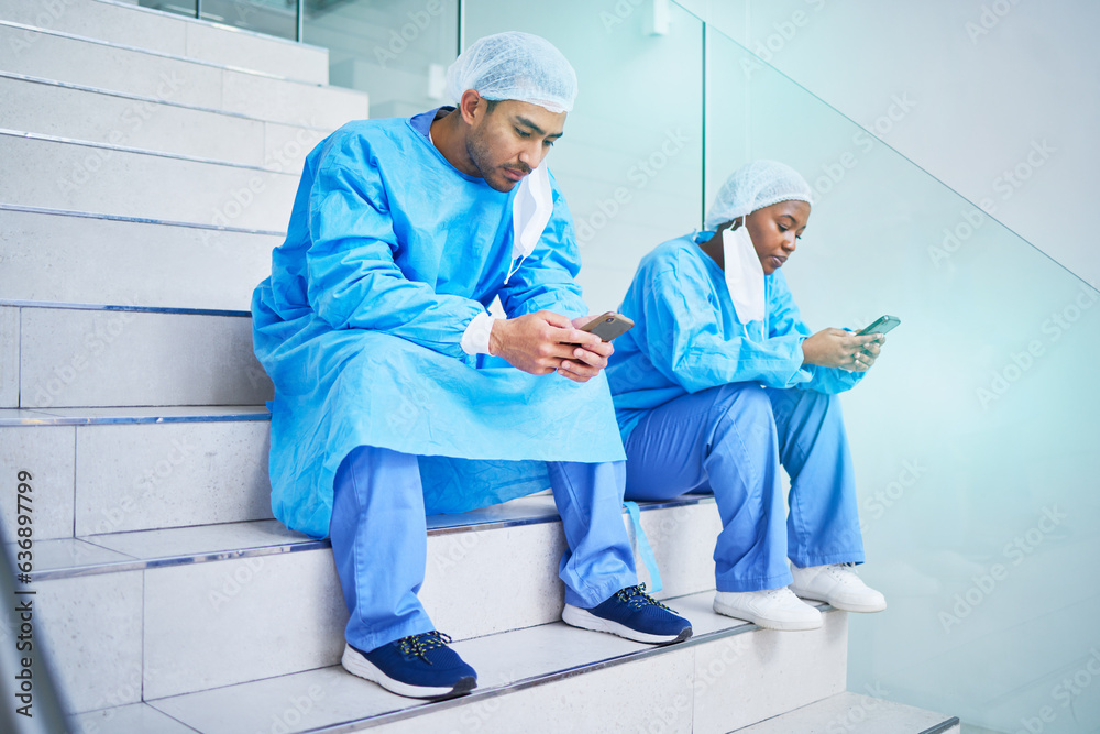 Surgeon team, stairs and phone in hospital for telehealth, healthcare or online wellness. Smartphone