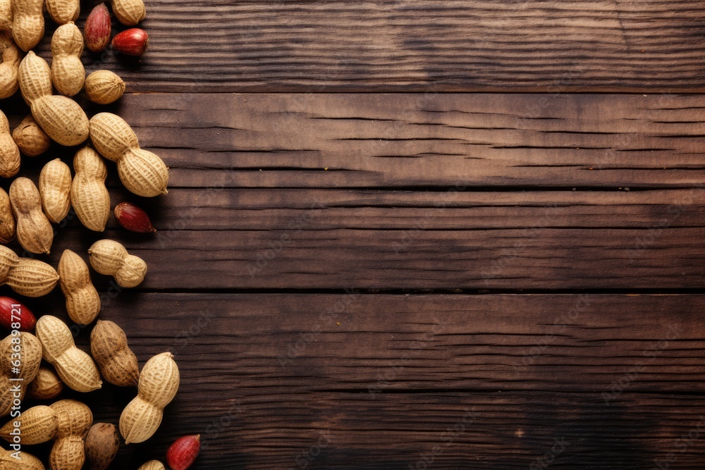 Overhead view peanuts on wooden background.