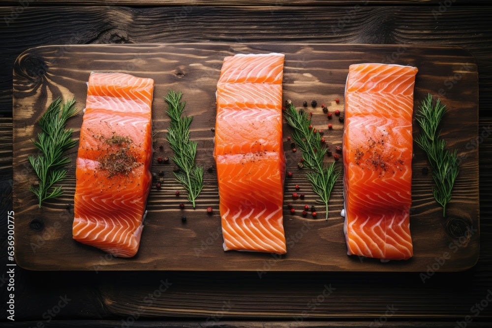 Raw Salmon fish fillet on chopping board.