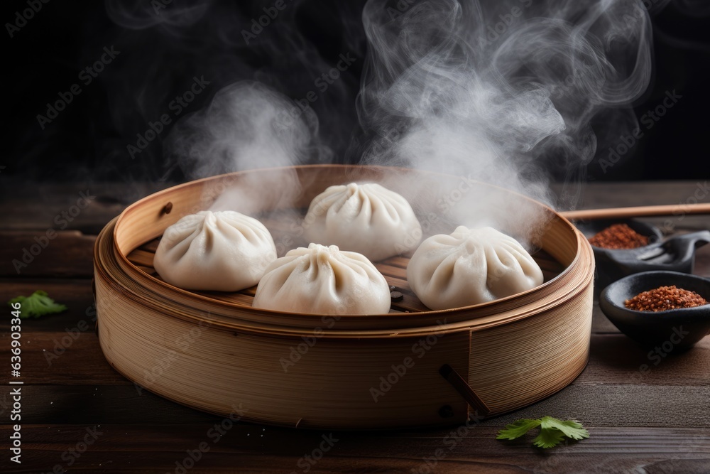 Chinese food steamed bun on wooden counter top.