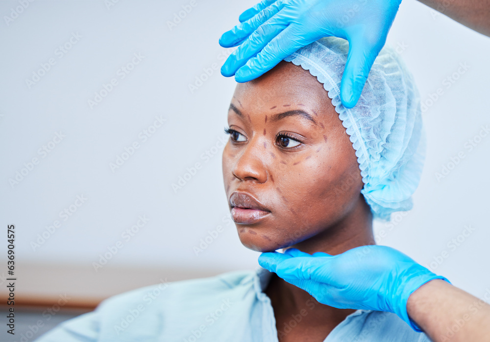 Black woman, patient and doctor hands, plastic surgery and check face, health and medical consultati