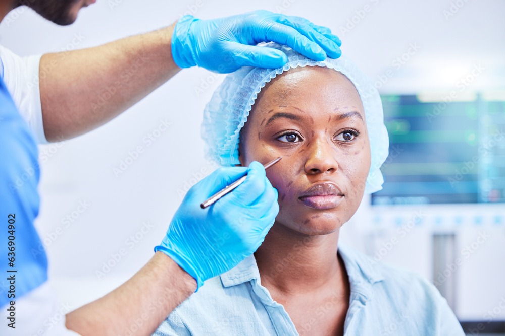 Plastic surgery, pen and black woman in a hospital with dermatology with beauty aesthetics therapist