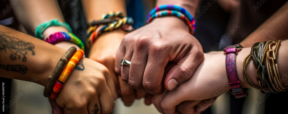 Inspirational unity symbol formed by multiracial disabled hands adorned with vibrant bracelets, embo