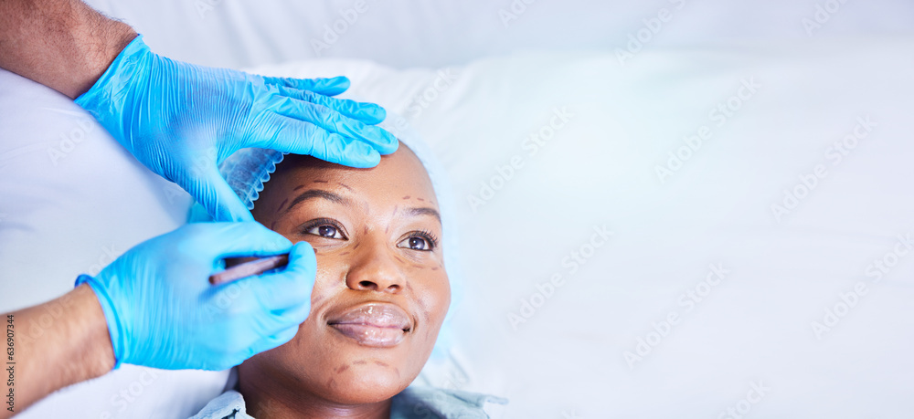 Plastic surgery, needle and black woman on a hospital bed with dermatology with mockup space. Surgeo