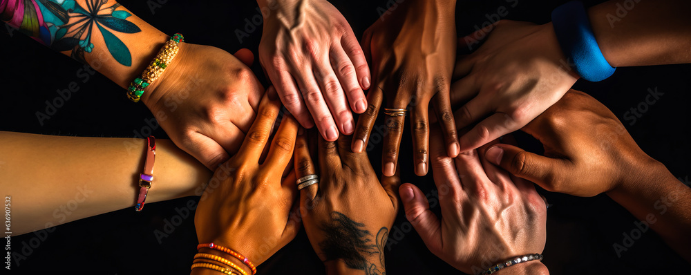 Harmonious unity symbolised by array of diverse hands with vibrant bracelets upholding mutual respec