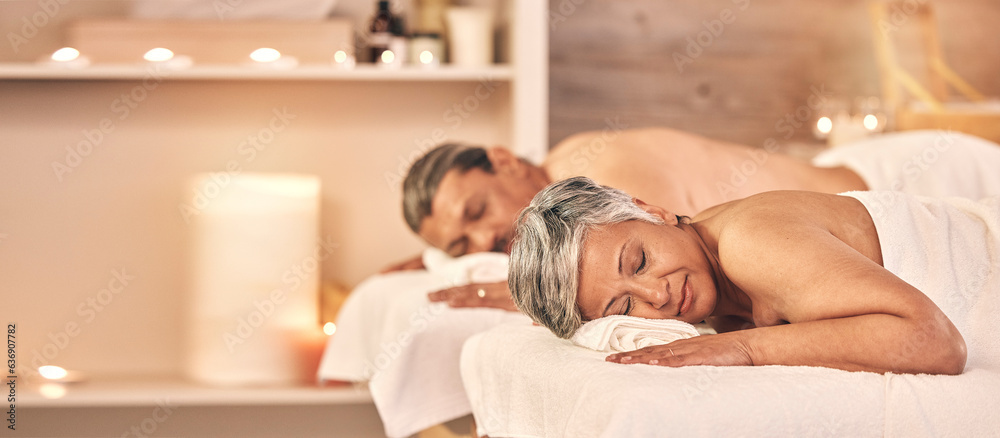 Relax, massage and couple in spa for holiday, vacation and anniversary weekend with candles. Love, l