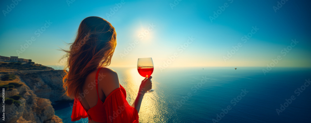 Enchanting woman in bright red dress on cliff overlooking turquoise ocean, sunbeams creating electri