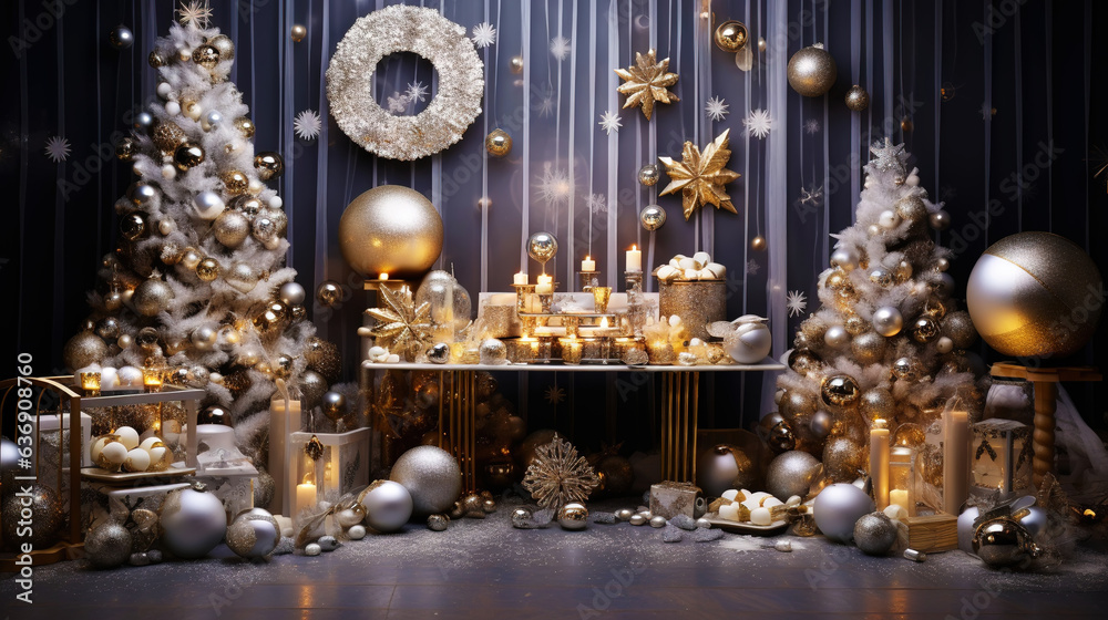 Modern shiny creative Christmas backdrop. Golden festive New Year background. Generative AI