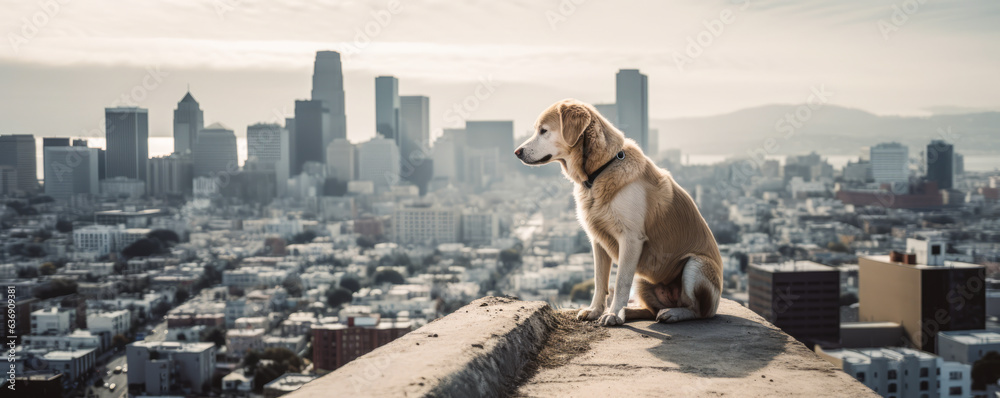 Urban dog triumphantly explores city heights on top of a skyscraper, embodying adventurous spirit. A