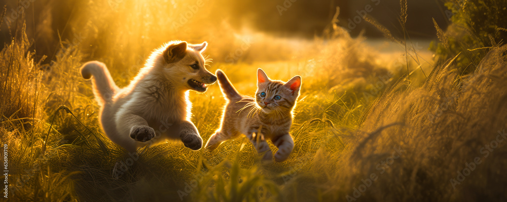 Idyllic scene of lively kitten and jovial puppy frolicking in sunlit tall green grass, showcasing pu