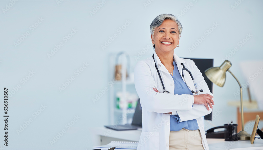 Arms crossed, doctor and space with portrait of woman in hospital for consulting, medical and pharma