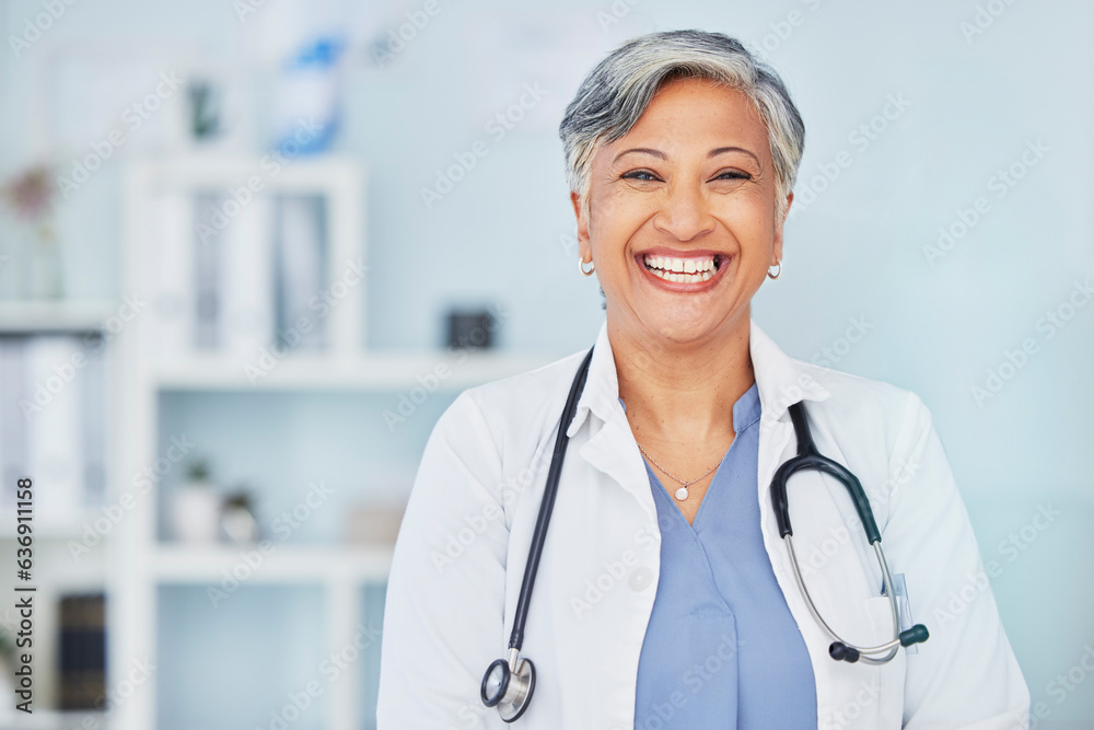 Smile, doctor and space with portrait of woman in hospital for consulting, medical and pharmacy. Hea