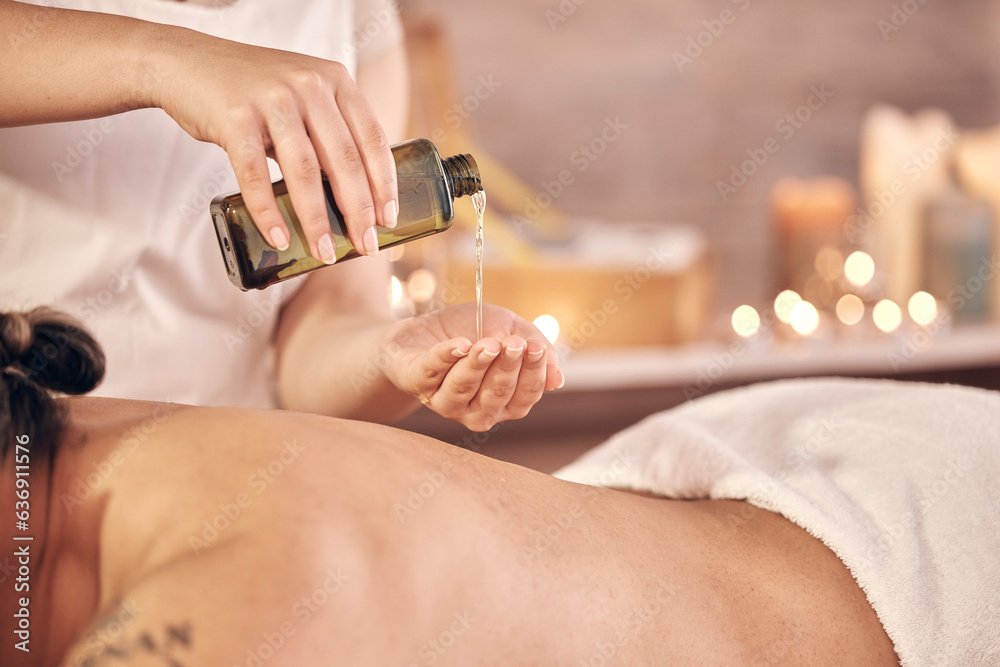 Spa therapy, massage oil and man with luxury care, wellness and muscle relax with hands, stress reli