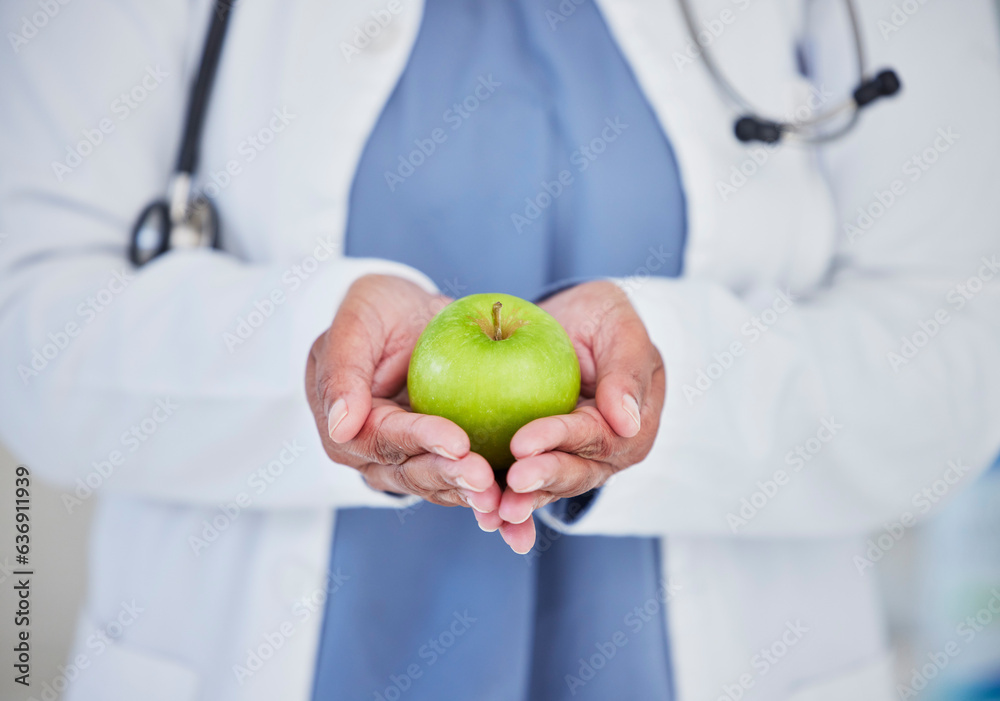 Doctor, hands and apple in healthcare diet, natural nutrition or healthy vitamin food at the hospita