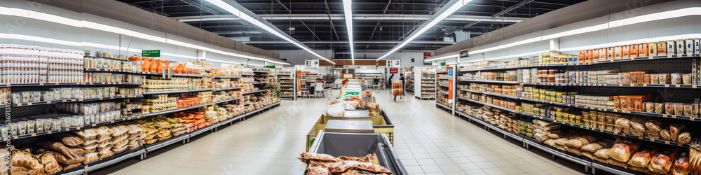 Starkly poignant, panoramic view of an eerily empty supermarket aisle evokes a sense of solitude and