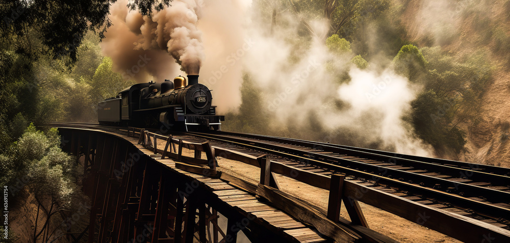 Breathtaking panorama of a steam train crossing a wooden bridge over a canyon, evoking speed with tr