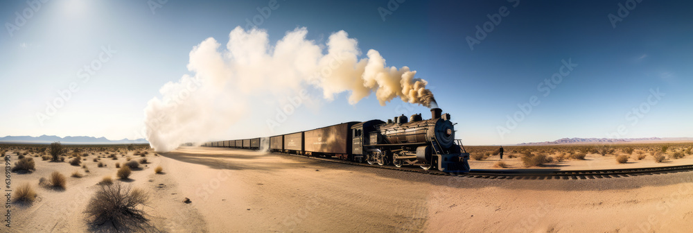 Spectacular desert panorama with a powerful locomotive thundering towards the viewer, encapsulating 