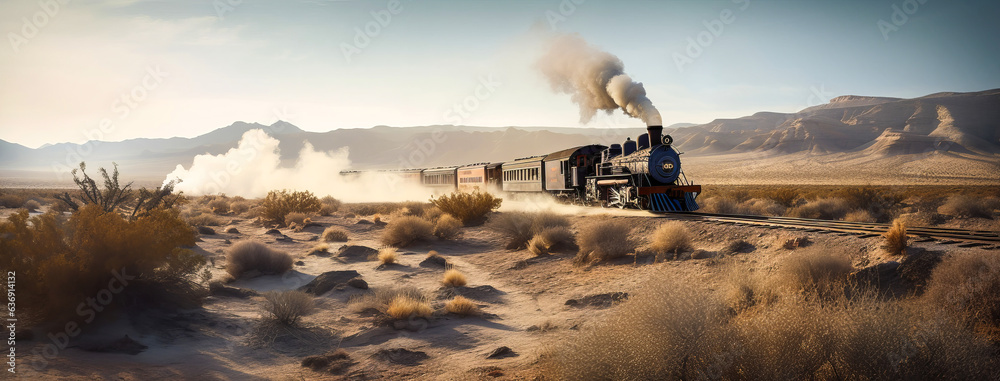 Breath-taking panoramic scene of intense locomotive charging through the untouched American desert l