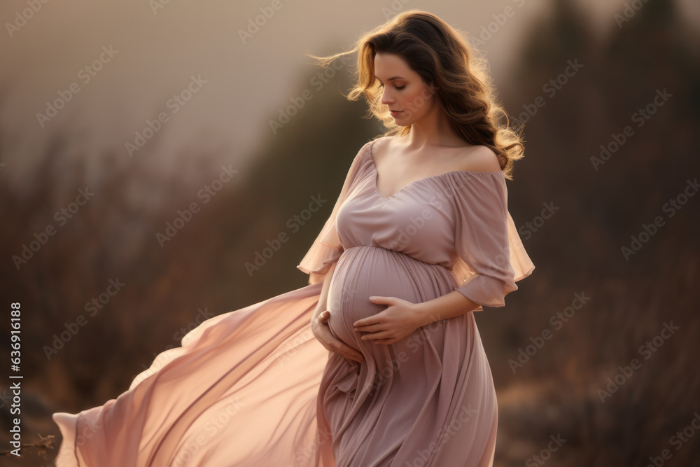 Pregnant woman wearing a flowy dress, with nature background